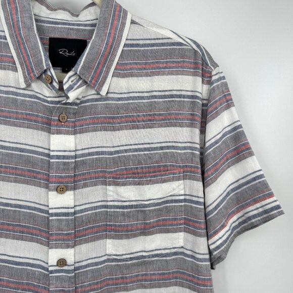 Rails Shirt Mens Large Gray Red Blue Stripes Button Up Camp Casual Linen Rayon - Picture 2 of 13